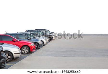 Cars standing side by side, parked on the roadside, front view, on isolated white background