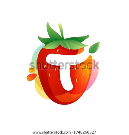 Letter T logo on a tasty ripe Strawberry with green leaves and juice splashes. Vector negative space icon for fresh farm organic company, ecology magazine, exotic poster, summer menu cover.