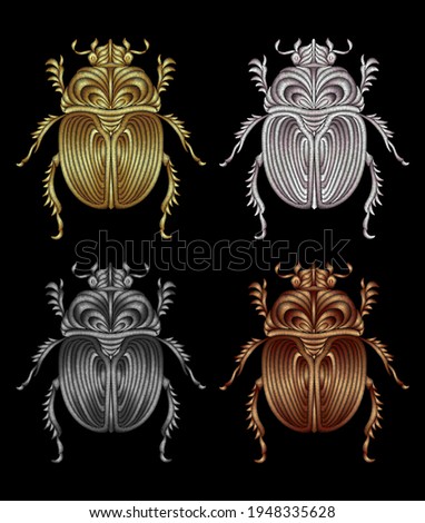 Set of beetles embroidered with metal thread. Imitation of gold and silver. Decorative element for embroidery, patches, stickers, badges, print for t-shirts.