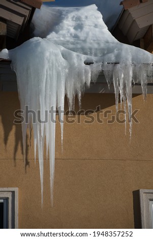 large frozen icicle suspending from corner eaves trough of roof top of home shadowed by sun caused by spring thaw and warmer weather but still frozen hanging on edge of eaves vertical format space