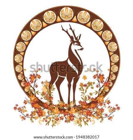 art nouveau style autumn season decorative vector frame with wild deer stag among falling leaves and tree branches