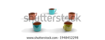 Five colored coffee cups on a white background. Minimalistic concept. 3d rendering.