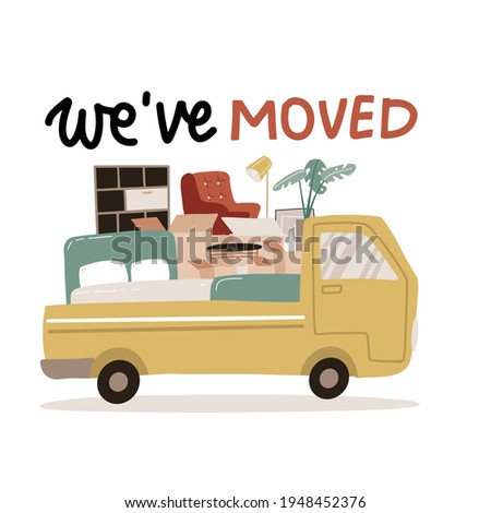 We've moved - lettering for Delivery service isolated concept. Moving house. Truck for transportation of goods loaded with cardboard boxes. Delivery van with furniture. Vector flat illustration.