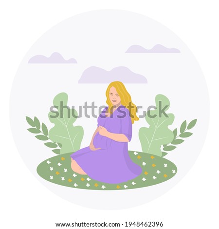 Attractive pregnant woman in nature.Vector illustration in cartoon style
