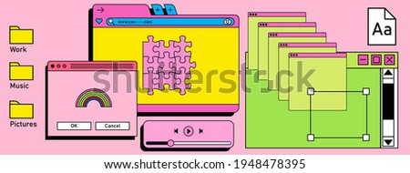 Retro vaporwave desktop with message boxes and user interface elements. A conceptual illustration of website and application programming. Royalty-Free Stock Photo #1948478395