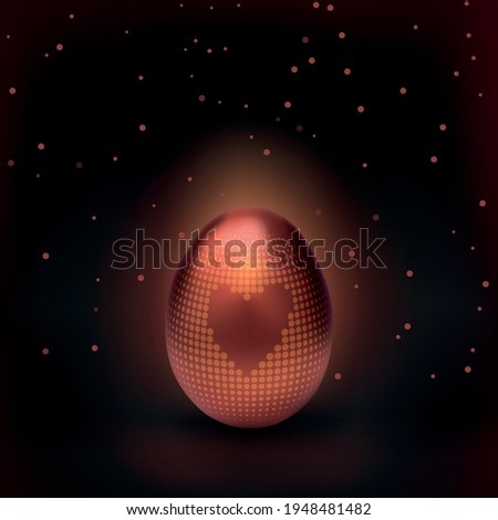 Wallpaper with bronze eggs for Easter. Bronze egg on a black background. Egg for Easter. Beautiful colored egg on Easter greeting card with glitter.