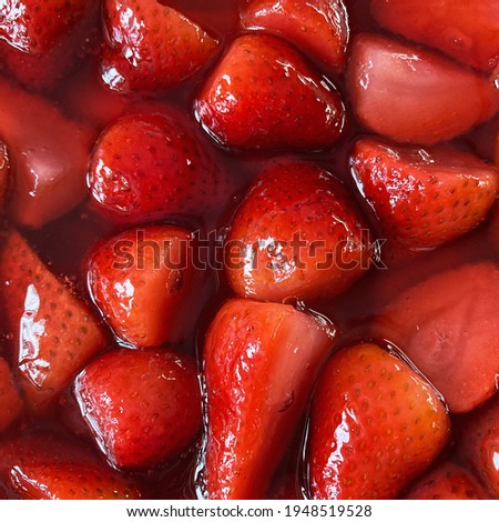 Photo of strawberry background with jelly, red cake macro, berries for website design, presentations, advertising, business