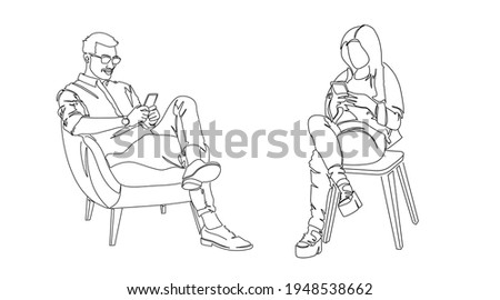 line art of a man and woman holding a cellphone