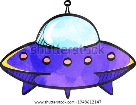 Flying saucer icon in color drawing. Alien, outer space, earth invasion 