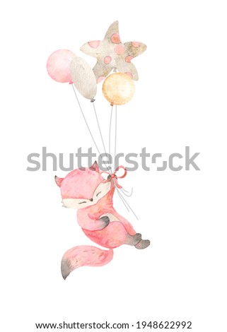Watercolor hand painted newborn girl composition with cute sleeping fox, pin, balloons. Design for baby shower, textile, nursery decor, children decoration