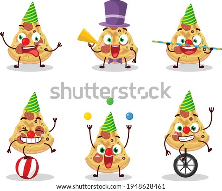 Cartoon character of slice of pizza with various circus shows