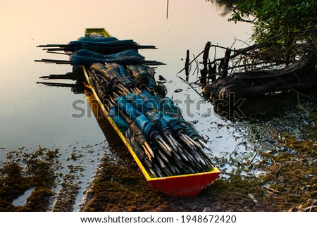 A small boat with a blue fish trap. In the morning river there is a bamboo forest. Timber that has been waterlogged until it is a stump in rural Thailand.