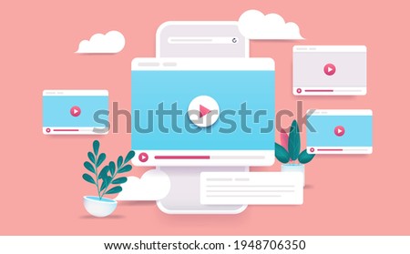 Video channel online - 3d vector style phone with video windows flying in air. Internet video clips and tube concept. Illustration. Royalty-Free Stock Photo #1948706350
