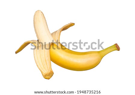Peeled open banana isolated on white background.                              