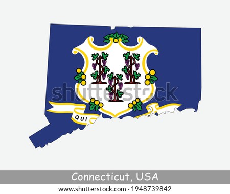 Connecticut Map Flag. Map of CT, USA with the state flag isolated on white background. United States, America, American, United States of America, US State. Vector illustration.