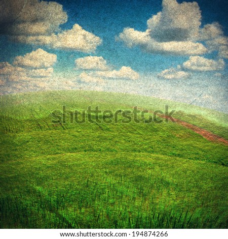Old and Vintage Photo with Summer Fields Landscape and Paper Grain