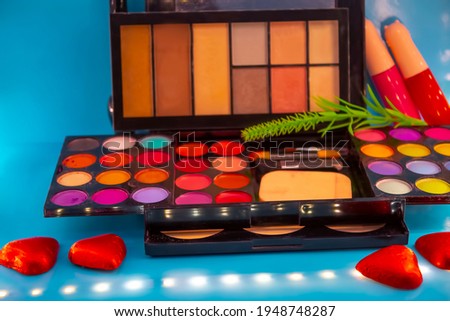 Different makeup cosmetics and accessories on a pink and blue background.Make Up Beauty Fashion Concept