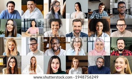 Crowded video screen with diverse multinational people on it. Video meeting online for office employees working remotely. Multiracial colleagues involved in online conference, video call. Hr data base Royalty-Free Stock Photo #1948756249