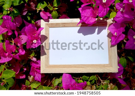 Topic: "Photos from the rest". Wooden frame for photos on a background of bright pink tropical flowers.