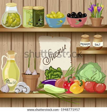 Illustration with food on the shelves.Various food items on wooden shelves in color vector illustration.