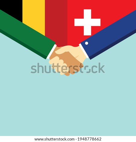 The handshake and two flags Belgium and Switzerland. Flat style vector illustration.
