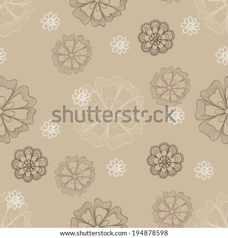 Seamless vector background or wallpaper with doodle hand drawn flowers in beige and dark brown colors suitable as a fabric, textile or wrapping paper decoration