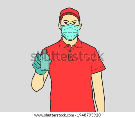 Delivery Man Wearing Medical Mask and Gloves Holding Hands Sanitizer. hand drawn style vector design illustrations.