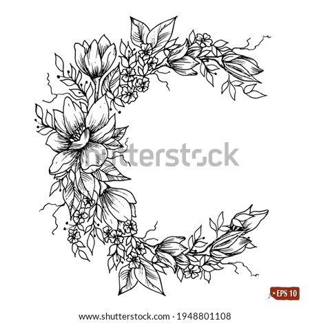 Vector hand drawn illustration of moon made from magnolia flowers. Drawing, engraving, ink, line art, tattoo.