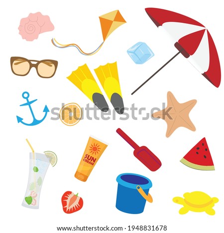 Summer seaside beach collection with isolated vector objects - umbrella, sun cream, cocktail, strawberry, anchor, flippers, kite, starfish, seashell, sunglasses, etc. 