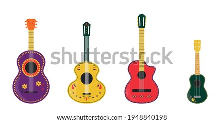 Guitar set. Guitars vector illustration. Mexican guitars and ukulele isolated on white background. Mariachi string musical instrument. Cinco de Mayo design element.