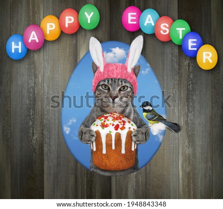 A gray cat in a pink bunny hat with an easter cake is looking out through a hole of a wooden fence. Happy easter.