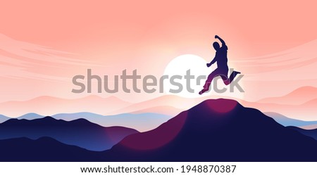 Man jumping on mountain top - Person jump in air with sunrise and mountain range in background. Personal happiness and triumph concept. Vector illustration. Royalty-Free Stock Photo #1948870387