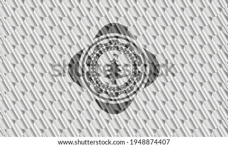 christmas tree icon inside silver emblem or badge. Scales pattern. Vector Illustration. Detailed. 