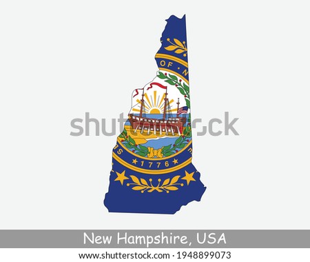New Hampshire Map Flag. Map of NH, USA with the state flag isolated on white background. United States, America, American, United States of America, US State. Vector illustration.