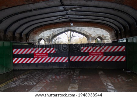 Flood barriers or gates on a road in York, to prevent flooding from the River Ouse.
