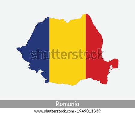 Romania Flag Map. Map of Romania with the Romanian national flag isolated on a white background. Vector Illustration.