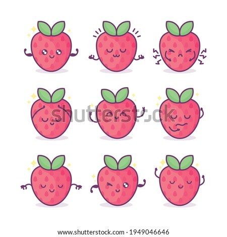 Kawaii strawberry with face, hearts and sparkles with text lettering Berry Cute. Funny fruit pun illustration, 