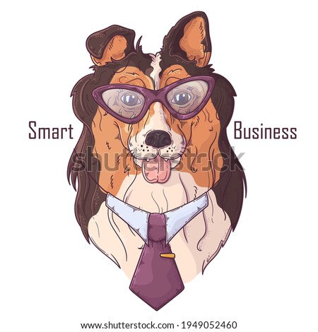 Hand drawn collie dog dog in tie Vector. Isolated objects for your design. Each object can be changed and moved.