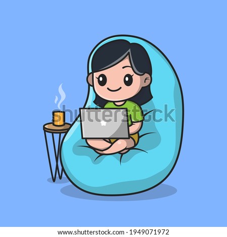 Cute Girl Working On Laptop Cartoon Vector Icon Illustration. People Technology Icon Concept Isolated Premium Vector. Flat Cartoon Style