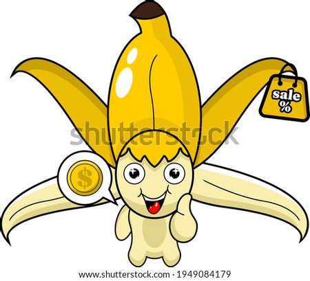 cartoon illustration of peeled banana mascot sales character on white background