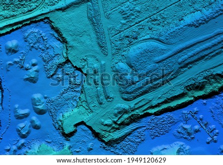 Model of a mine elevation. GIS product made after processing aerial pictures taken from a drone. It shows excavation site with steep rock walls Royalty-Free Stock Photo #1949120629