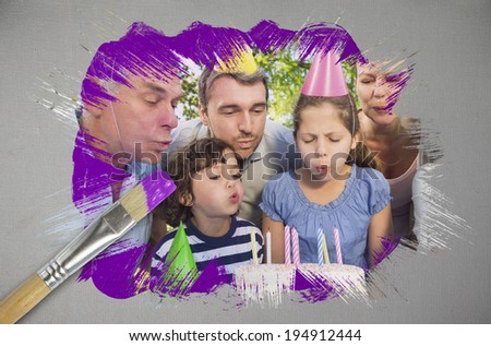 Composite image of family celebrating a birthday with paintbrush dipped in purple paint against digitally generated grey background