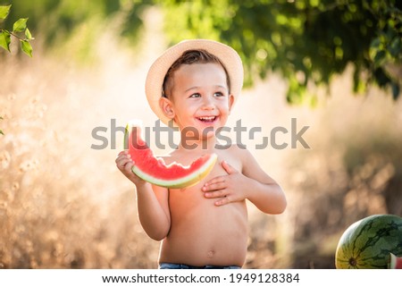 Boy eating water-melon. Funny happy child eating watermelon outdoors. Little boy eating watermelon. Kids eat fruits in the garden Royalty-Free Stock Photo #1949128384