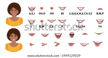 Black lady mouth animation set. Mouths pronounce letters. Lip movement. Various open mouth options with lips, tongue and teeth. Isolated vector illustration Royalty-Free Stock Photo #1949129029