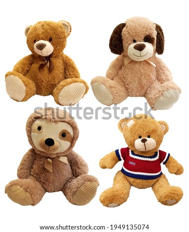 Set of four cute bears, dog, stuffed animal on isolated white background.