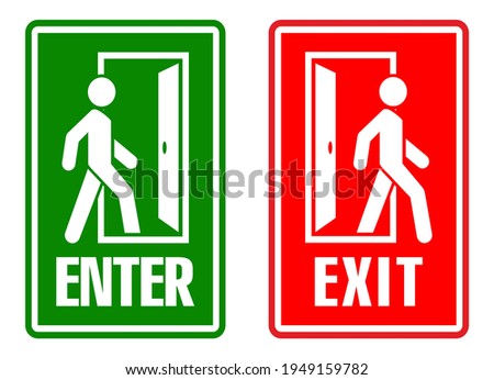 Man enters and exits the room through the door. Entry and exit sign. Vector Royalty-Free Stock Photo #1949159782