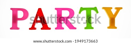 Party word lined with plastic multicolored letters on white background, isolate 