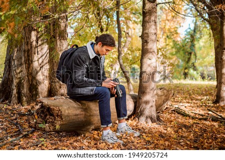 Photographer in the forest. Male photographer looking through photos he took