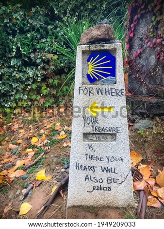 Way Mark Stone Post with Scallop Shell Pilgrim Sign and Yellow Arrow Symbol in Galicia Forest on the Way of St James Camino de Santiago Pilgrimage Trail