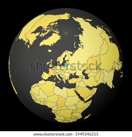 Lithuania on dark globe with yellow world map. Country highlighted with blue color. Satellite world projection centered to Lithuania. Awesome vector illustration.